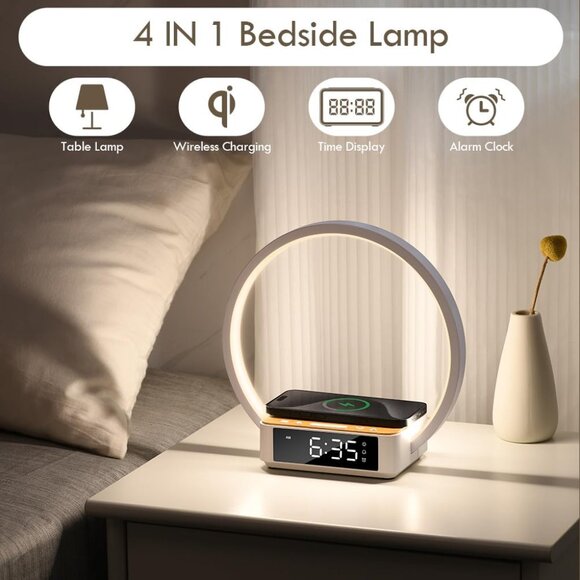 Bedside Lamp with Alarm Clock,Touch Lamp with Wireless Charger,Nightlight for Be - Picture 2 of 11